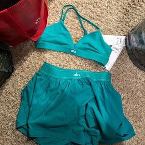 ALO Yoga Turquoise Sports Bra and Shorts Set